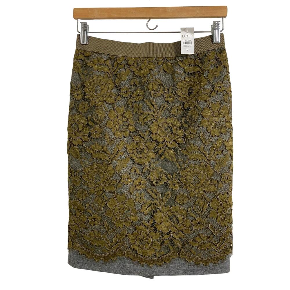LOFT Olive Green Lace Gray Pencil Skirt Women's Size 0 NWT Academia